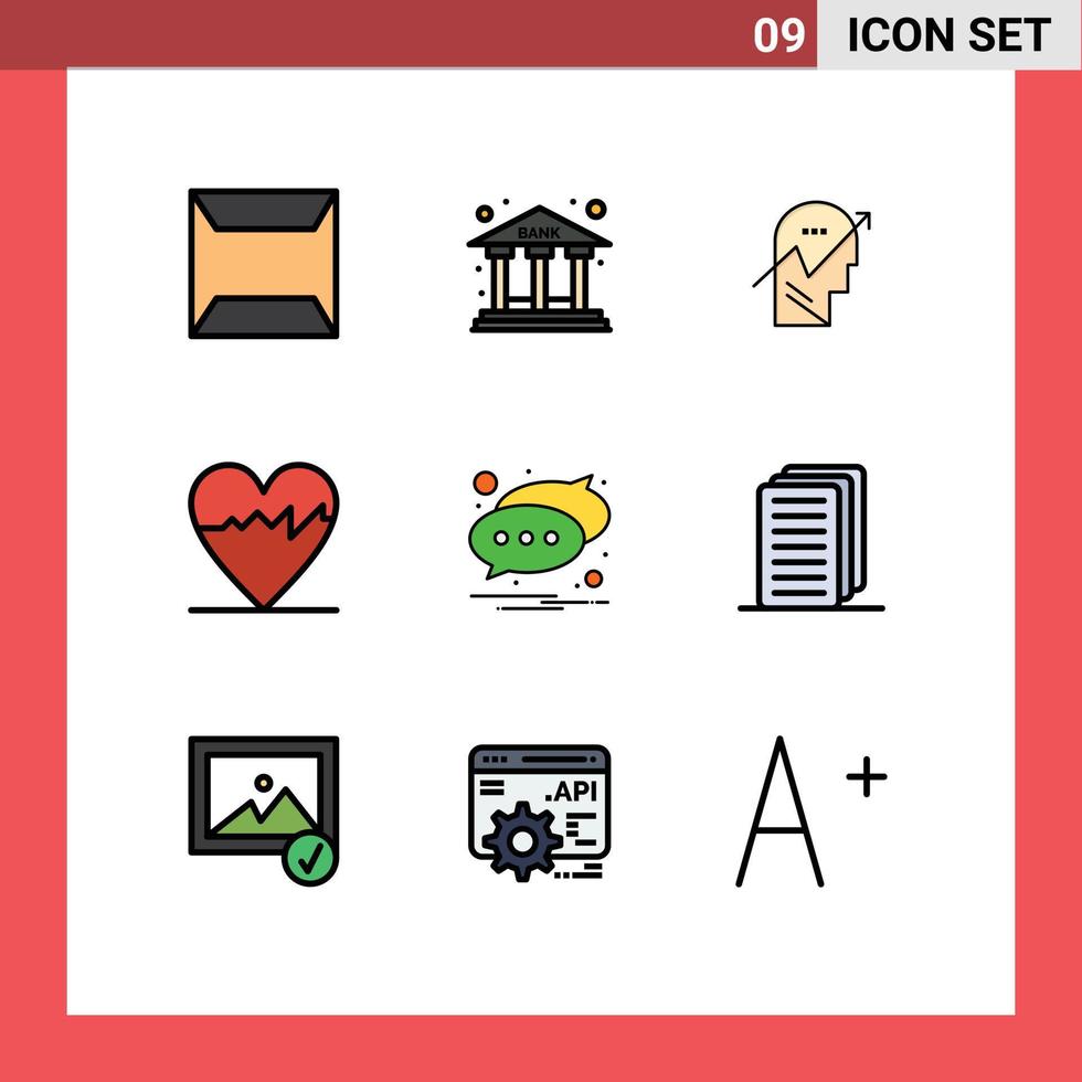 9 iconos creativos, signos y símbolos modernos de mensaje, gráfico de chat, cardiograma de pulso, elementos de diseño vectorial editables vector