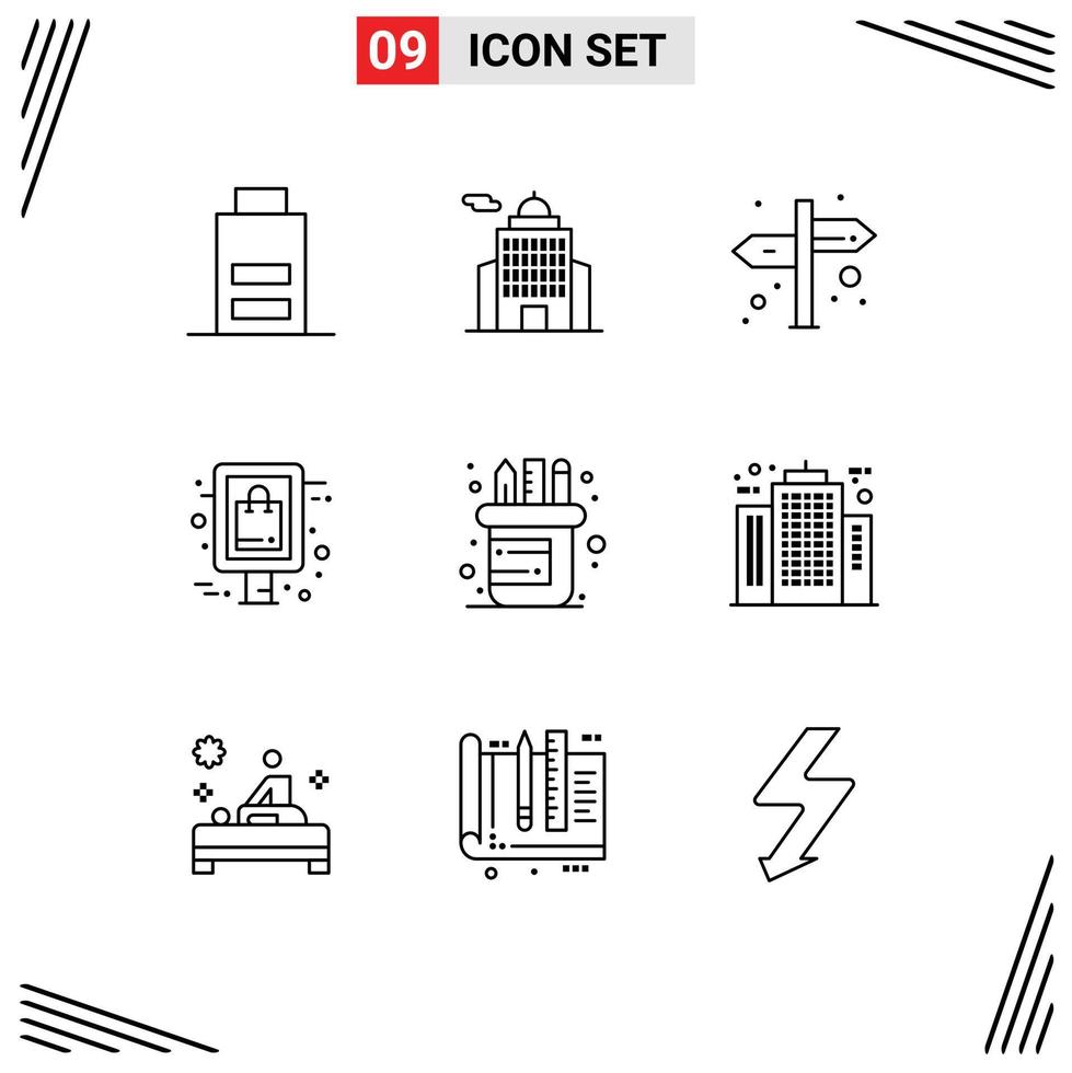 Editable Vector Line Pack of 9 Simple Outlines of supplies office direction sign board Editable Vector Design Elements