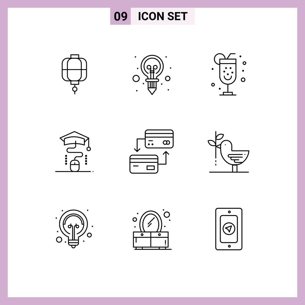 Universal Icon Symbols Group of 9 Modern Outlines of cashless card alcohol education graduation Editable Vector Design Elements