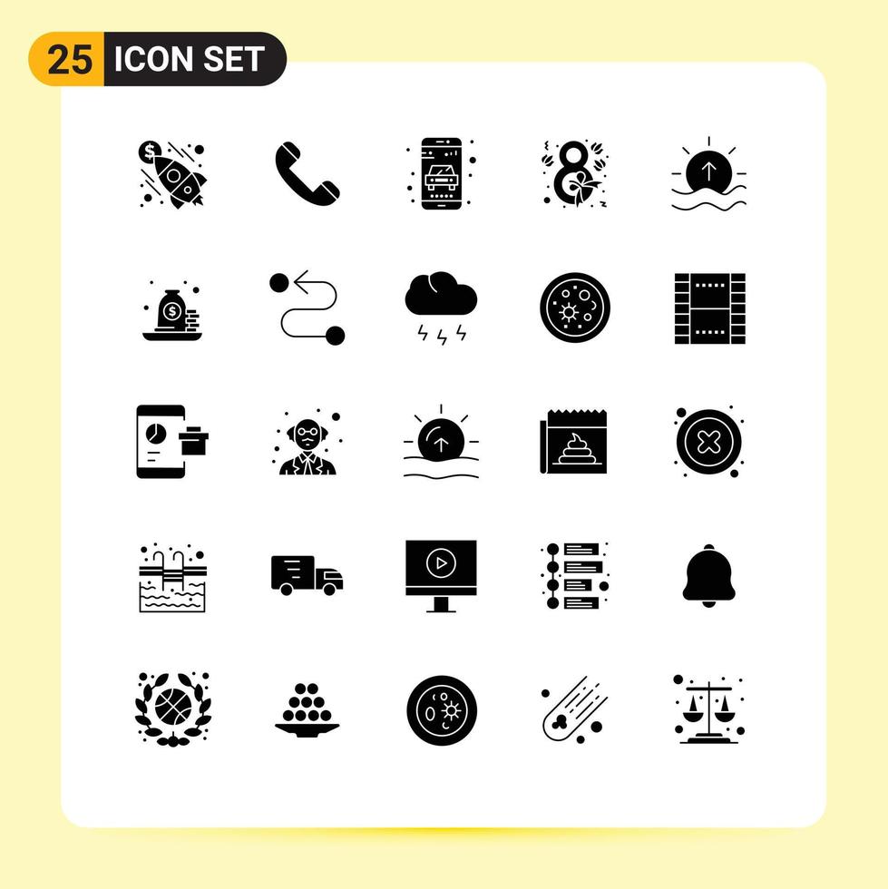 Set of 25 Commercial Solid Glyphs pack for river ribbon delivery tulip eight Editable Vector Design Elements
