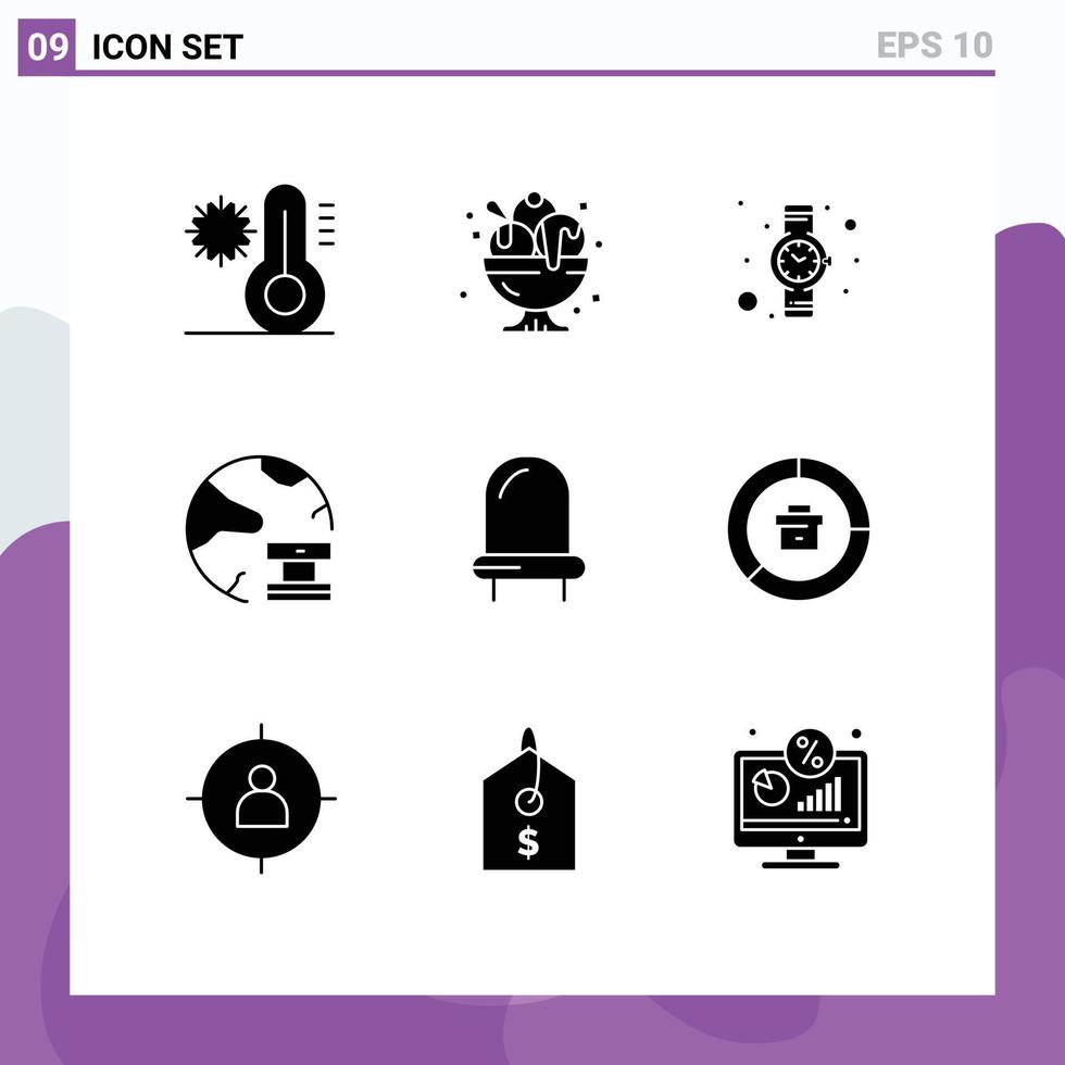 Mobile Interface Solid Glyph Set of 9 Pictograms of diode network sweet database cloud Editable Vector Design Elements