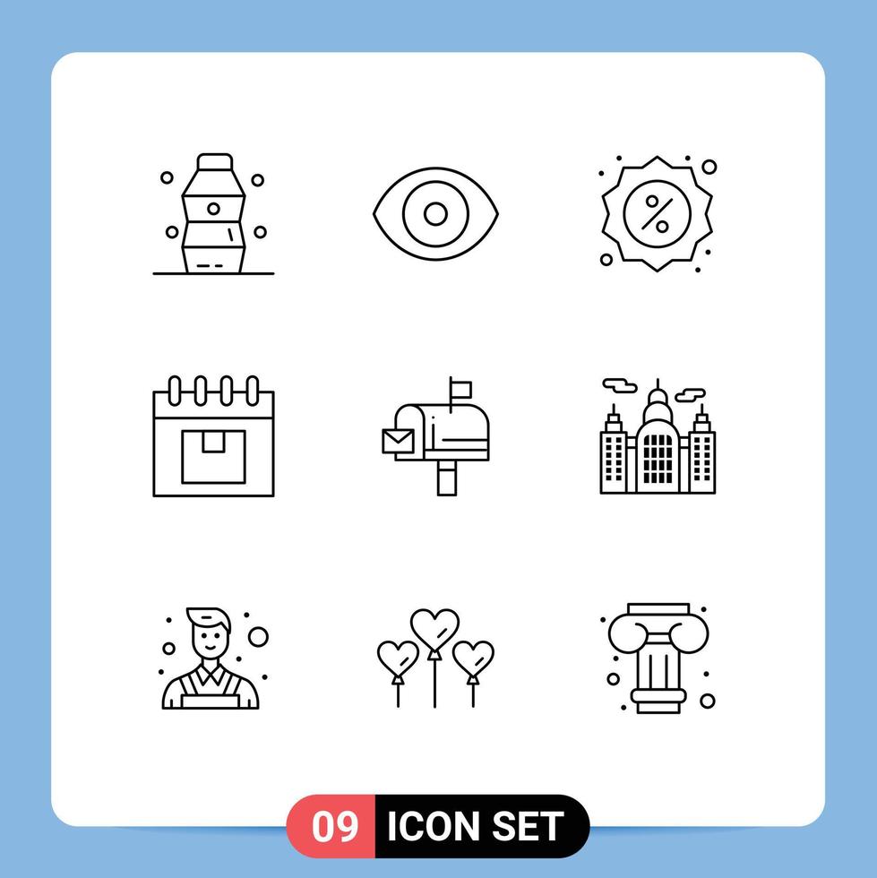 9 Thematic Vector Outlines and Editable Symbols of mail planning badge management calendar Editable Vector Design Elements