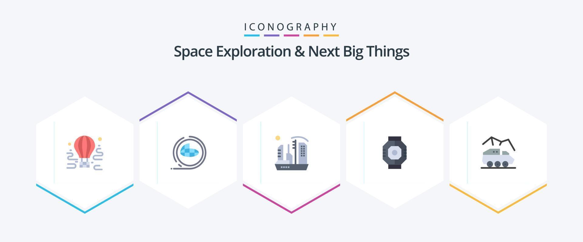 Space Exploration And Next Big Things 25 Flat icon pack including component. airlock. shaping. expansion. colony vector