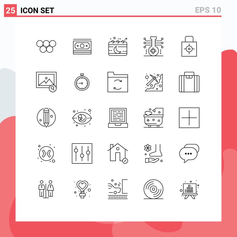 Set of 25 Modern UI Icons Symbols Signs for technology molecule calendar knowledge moon Editable Vector Design Elements