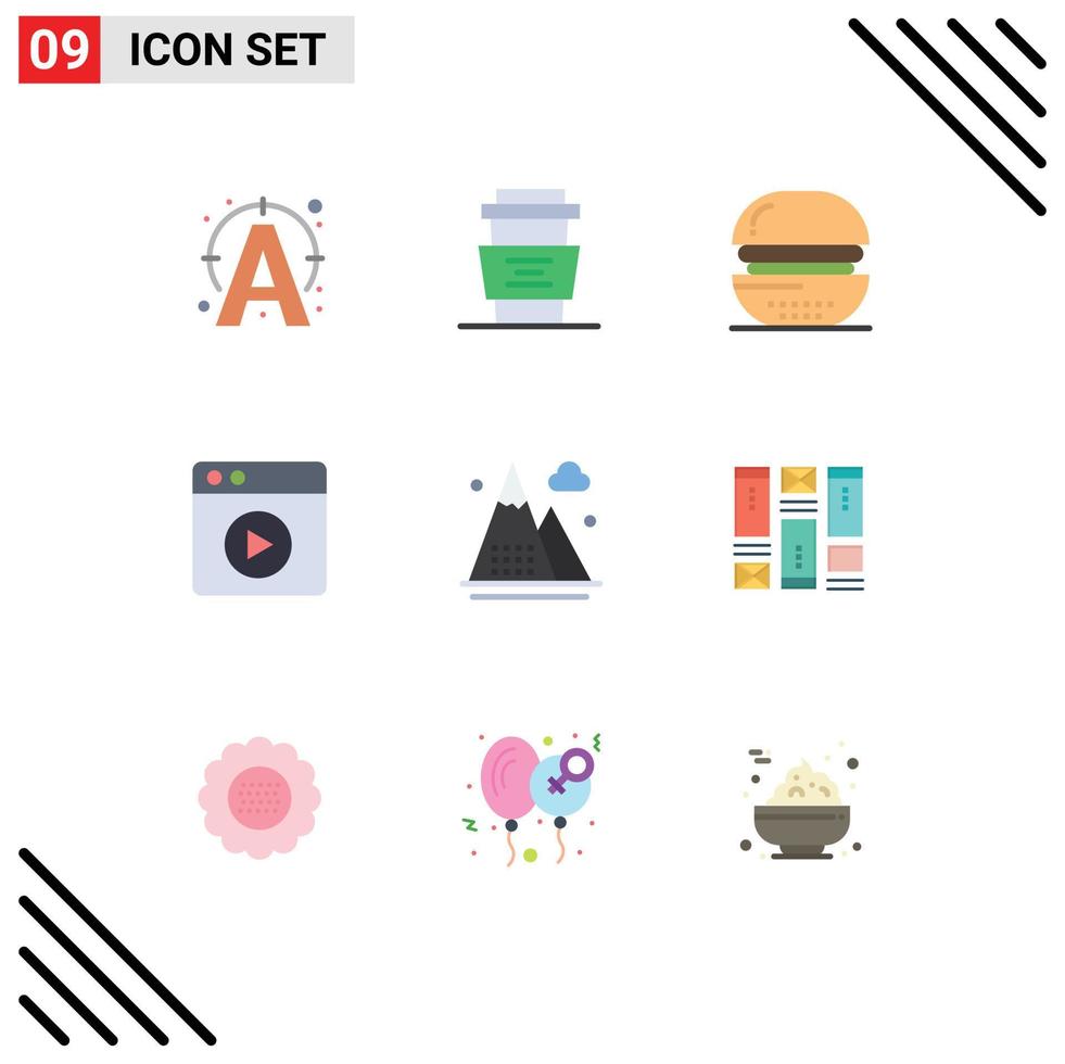 conjunto de 9 colores planos vectoriales en cuadrícula para actividades jugar beber alimentos multimedia elementos de diseño vectorial editables vector