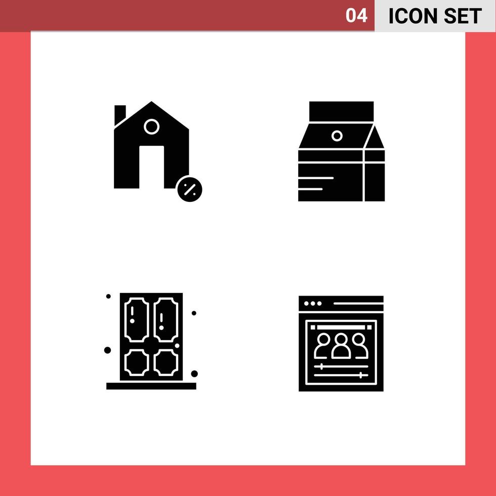 Set of 4 Modern UI Icons Symbols Signs for buildings milk house drink home Editable Vector Design Elements