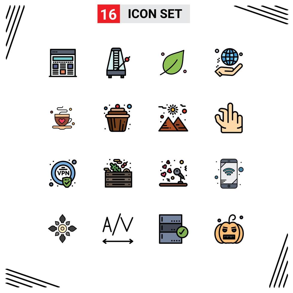 Universal Icon Symbols Group of 16 Modern Flat Color Filled Lines of cup world ecology globe hand Editable Creative Vector Design Elements