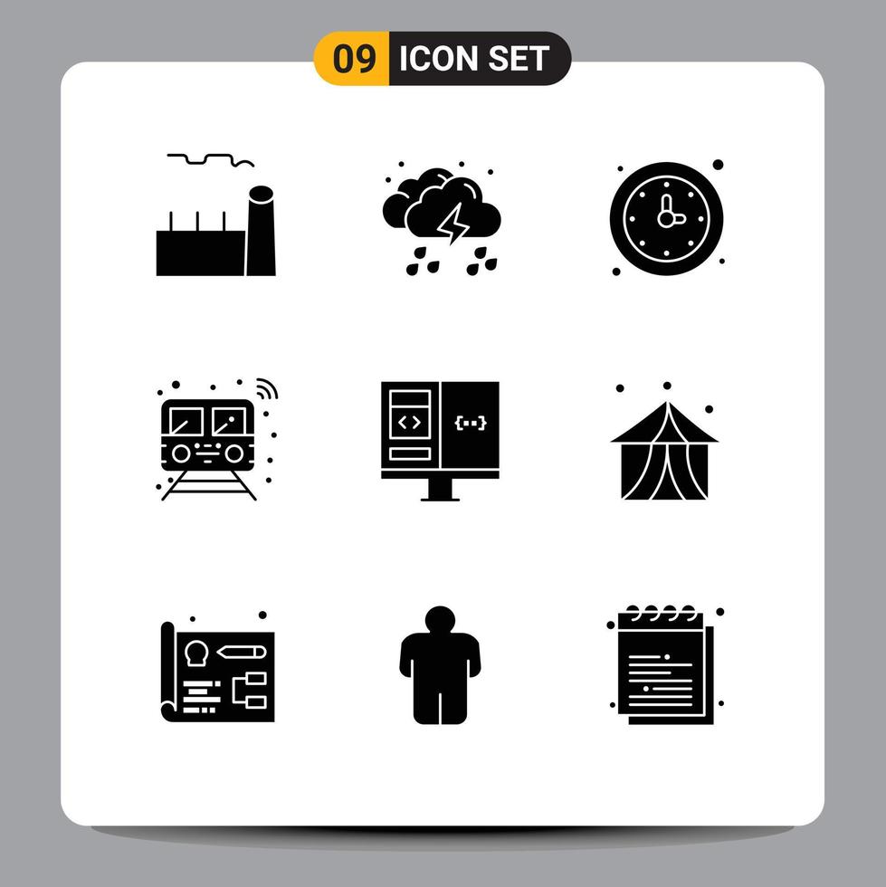Group of 9 Modern Solid Glyphs Set for smart internet weather watch time Editable Vector Design Elements