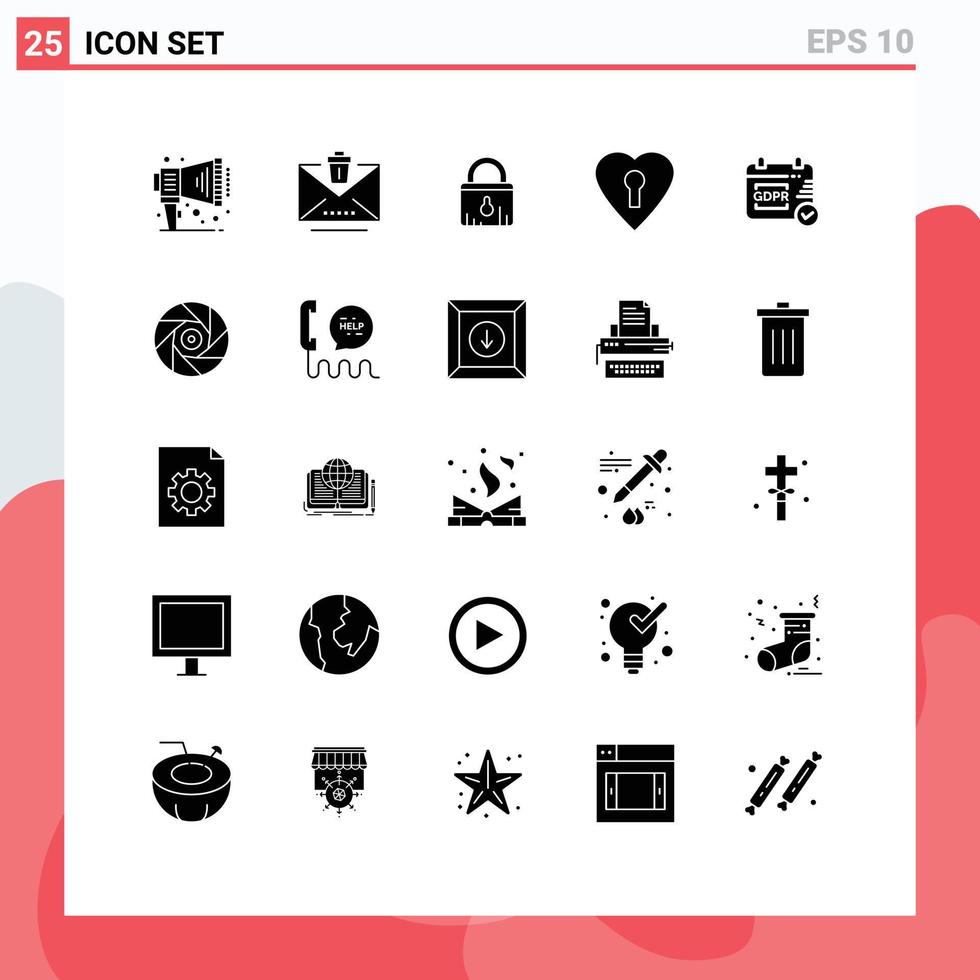 Set of 25 Commercial Solid Glyphs pack for cinema security security gdpr love Editable Vector Design Elements