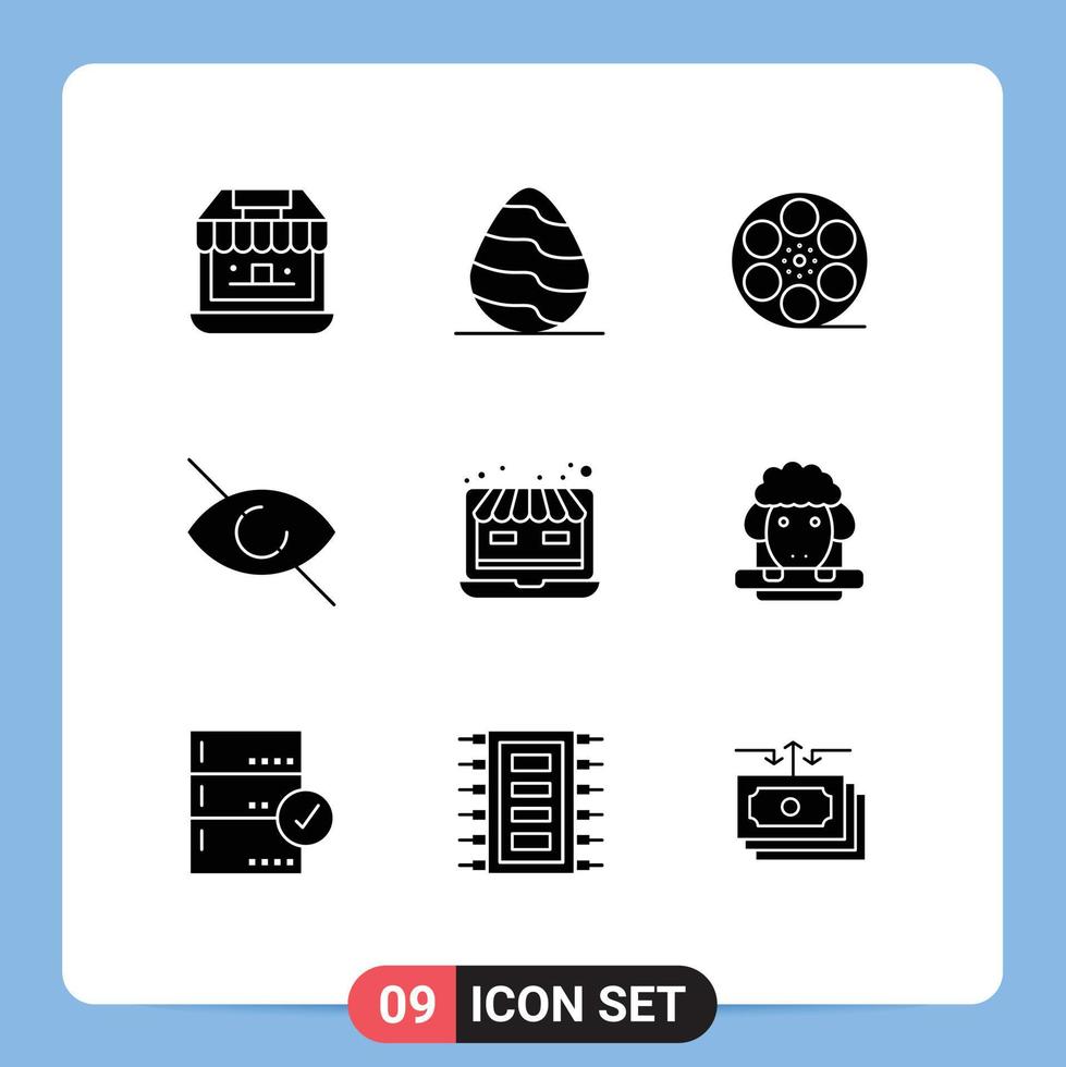 Pack of 9 Modern Solid Glyphs Signs and Symbols for Web Print Media such as web laptop movis view eye Editable Vector Design Elements
