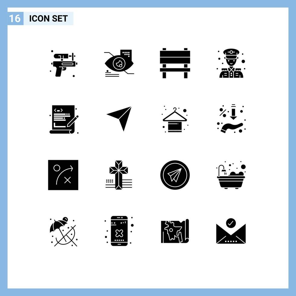 Universal Icon Symbols Group of 16 Modern Solid Glyphs of programming coding bench police security police Editable Vector Design Elements