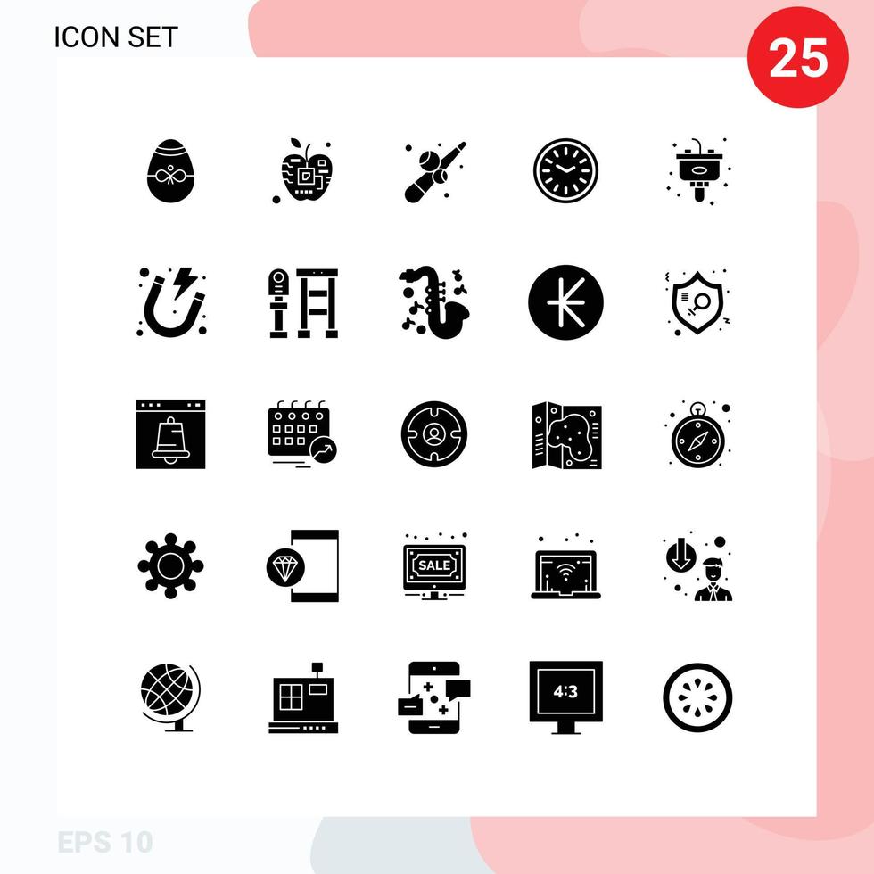 Mobile Interface Solid Glyph Set of 25 Pictograms of time dinner digital clock game Editable Vector Design Elements