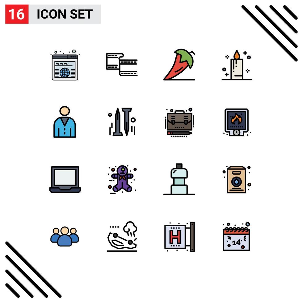 Universal Icon Symbols Group of 16 Modern Flat Color Filled Lines of interface avatar food holiday candle Editable Creative Vector Design Elements