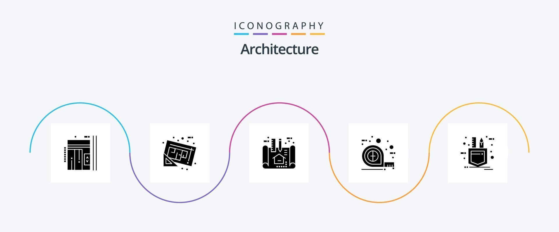 Architecture Glyph 5 Icon Pack Including scale. tape. tools. measuring. plan vector