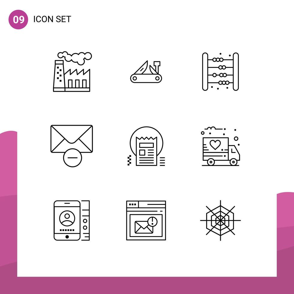 Mobile Interface Outline Set of 9 Pictograms of document mail swiss delete kids Editable Vector Design Elements