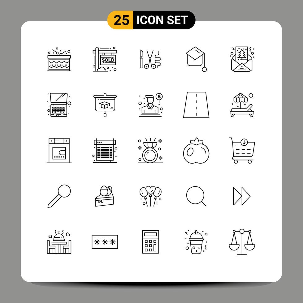 User Interface Pack of 25 Basic Lines of christmas hat instruments graduation hat education Editable Vector Design Elements