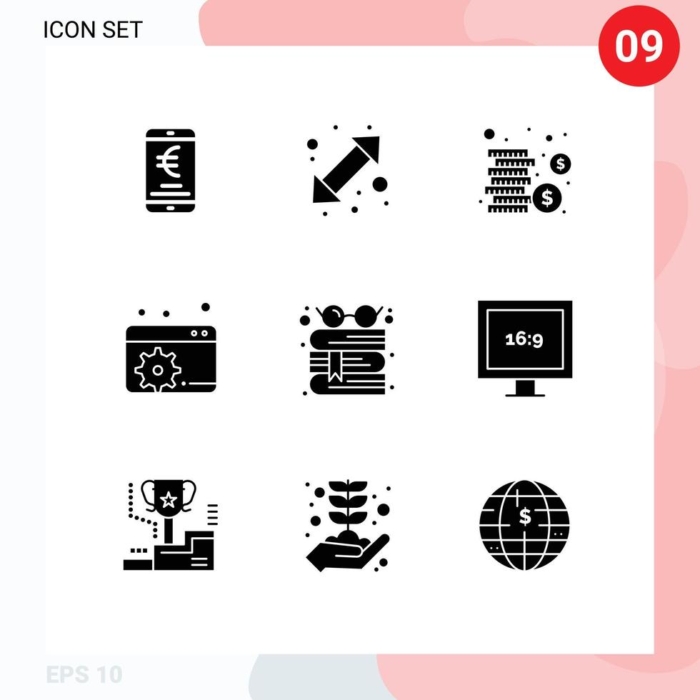 Pack of 9 Modern Solid Glyphs Signs and Symbols for Web Print Media such as glasses book up down seo configure Editable Vector Design Elements