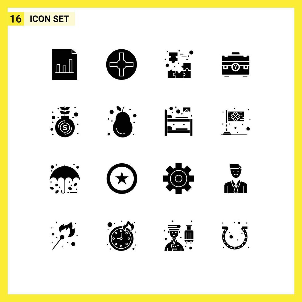 Universal Icon Symbols Group of 16 Modern Solid Glyphs of investment portfolio customer handbag briefcase Editable Vector Design Elements