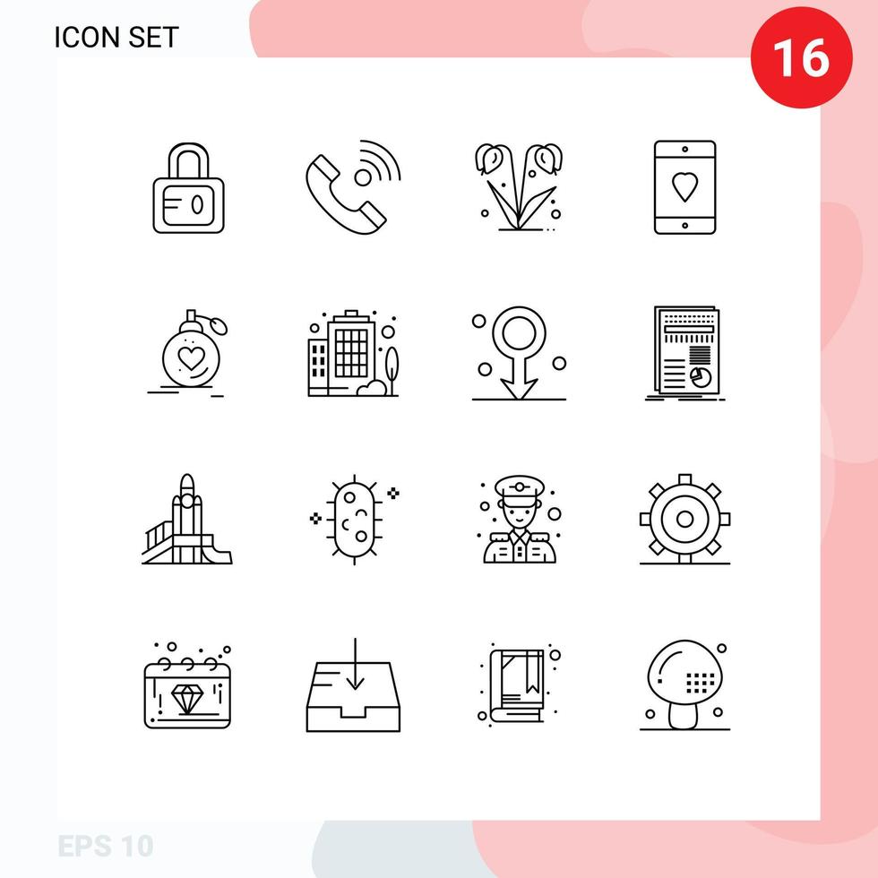 Group of 16 Modern Outlines Set for love love flower heart cellphone Editable Vector Design Elements