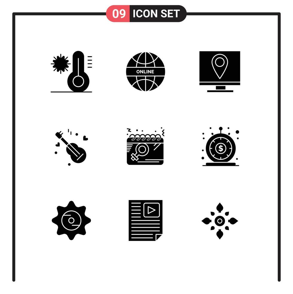 Group of 9 Solid Glyphs Signs and Symbols for calendar music address song page Editable Vector Design Elements