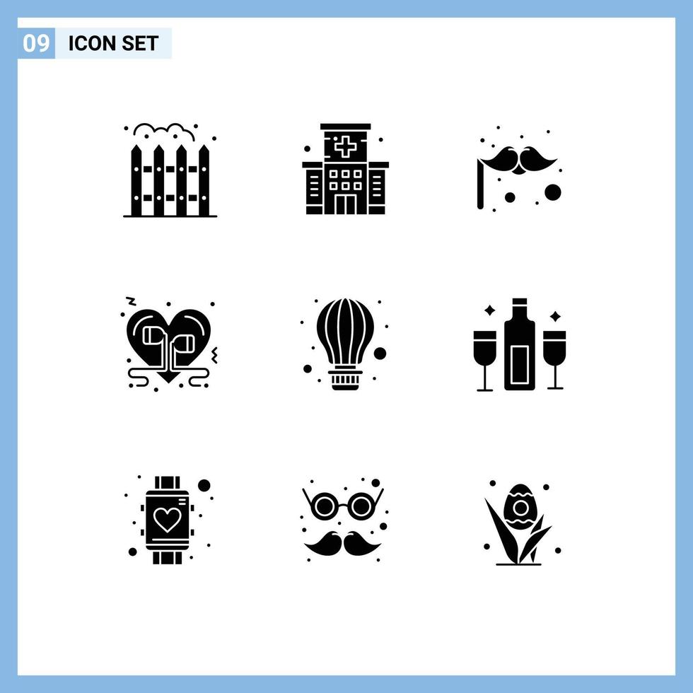 9 Thematic Vector Solid Glyphs and Editable Symbols of parachute air costume romantic love Editable Vector Design Elements