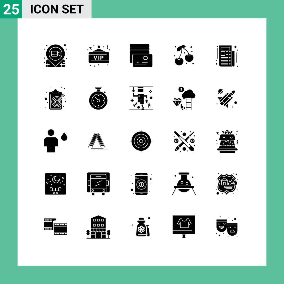 Pictogram Set of 25 Simple Solid Glyphs of newspaper farming party food berry Editable Vector Design Elements