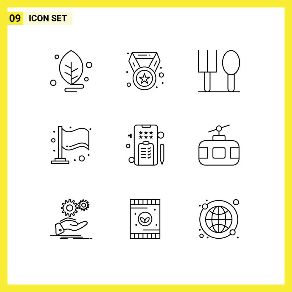 Mobile Interface Outline Set of 9 Pictograms of cable car text baby marketing flag Editable Vector Design Elements