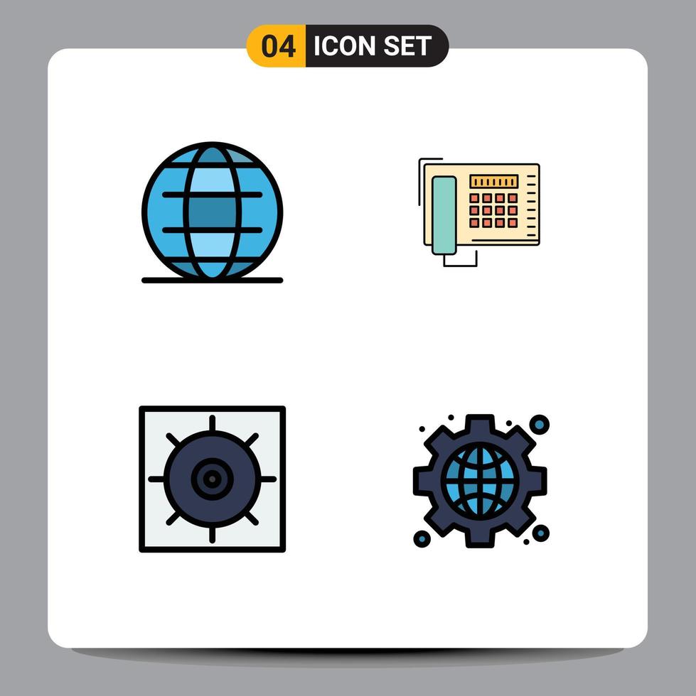 conjunto moderno de 4 colores planos y símbolos de línea de relleno, como engranajes de globo, elementos de diseño de vectores editables de engranajes de número mundial