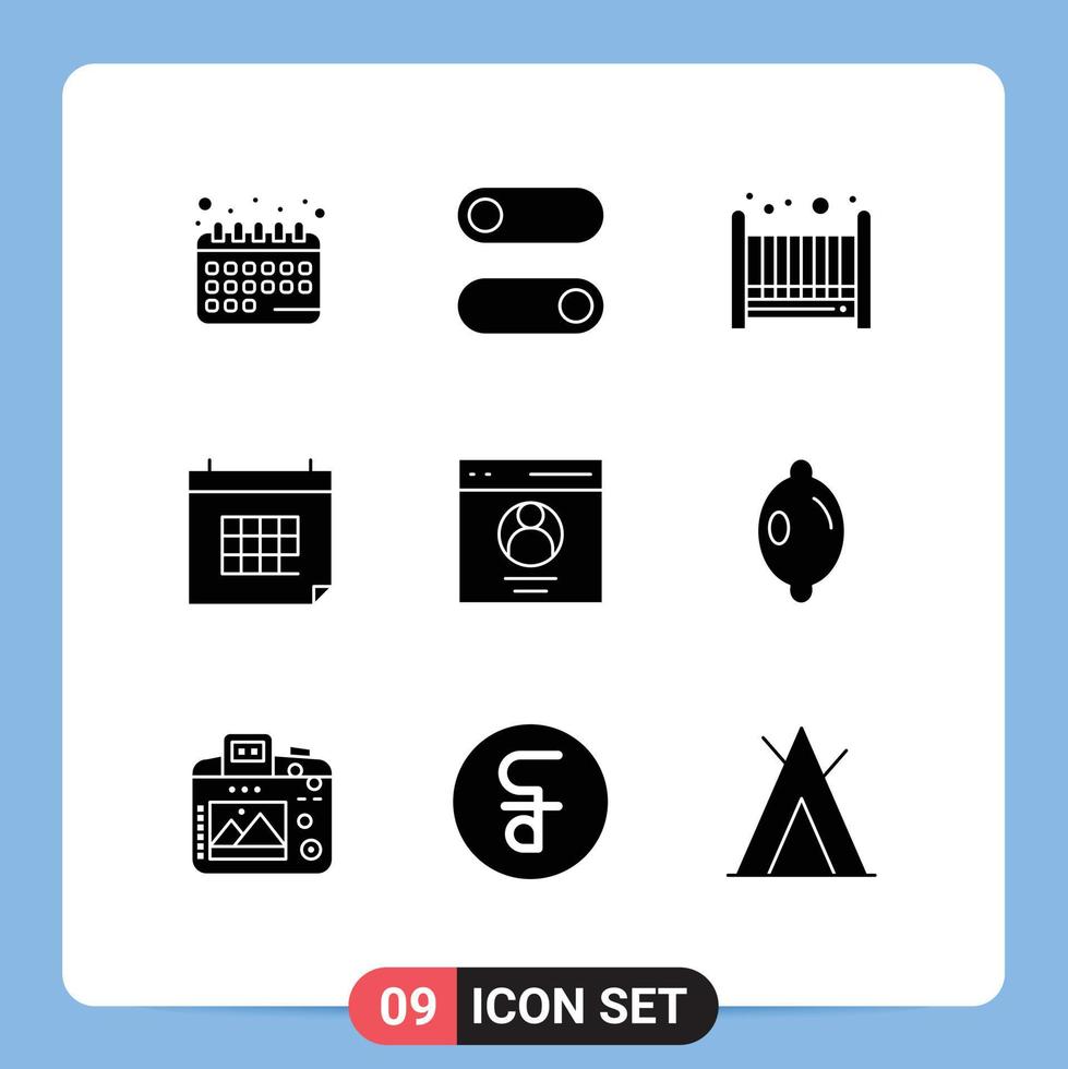Mobile Interface Solid Glyph Set of 9 Pictograms of profile communication bad event date Editable Vector Design Elements