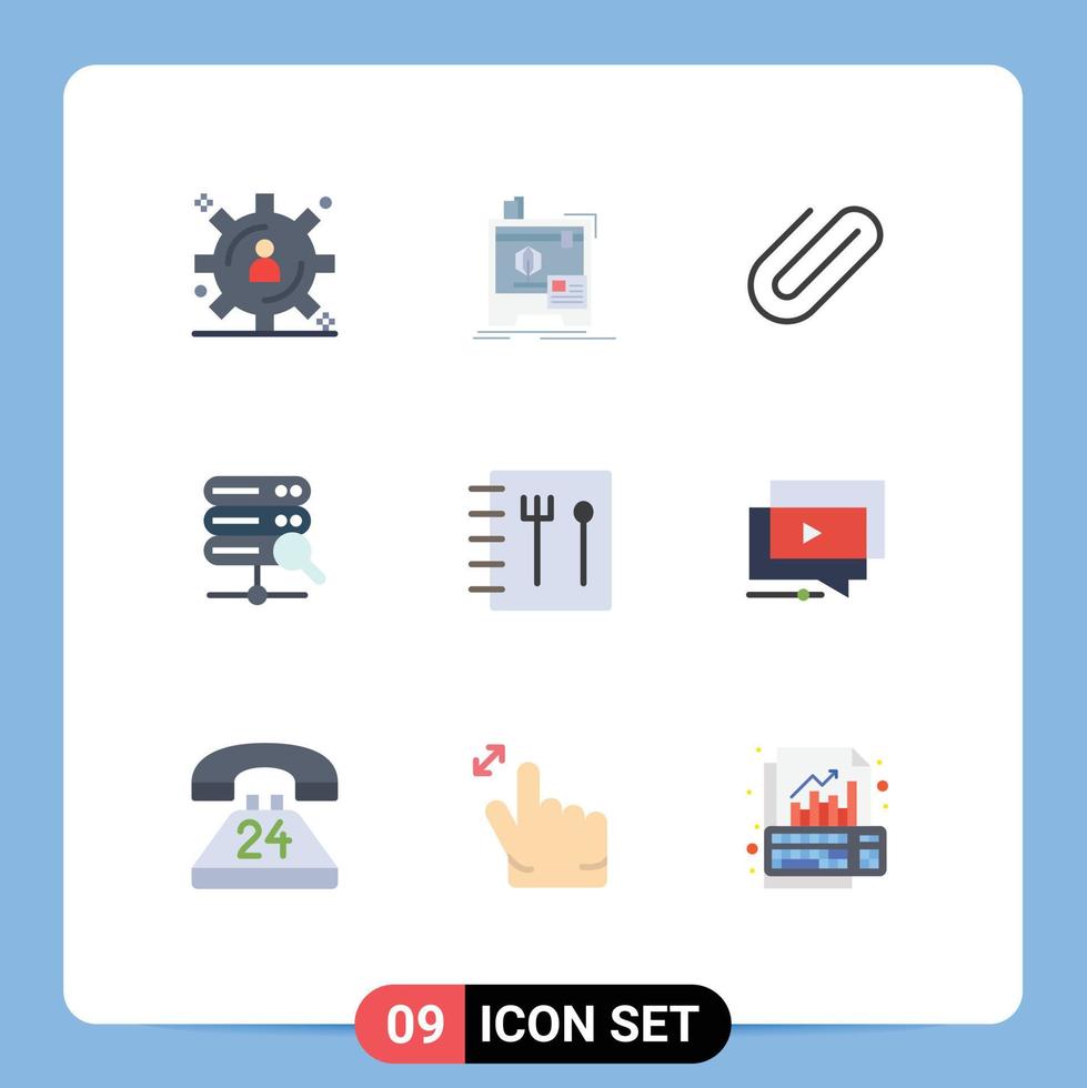 Pictogram Set of 9 Simple Flat Colors of youtube recipe binder book server Editable Vector Design Elements