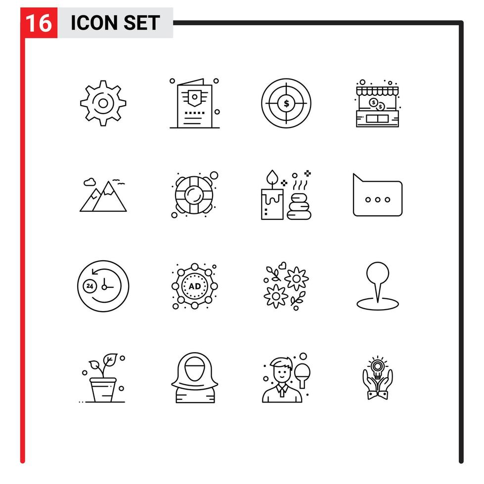 paquete de 16 signos y símbolos de contornos modernos para medios de impresión web, como la tienda de negocios de dinero natural, comprar elementos de diseño de vectores editables