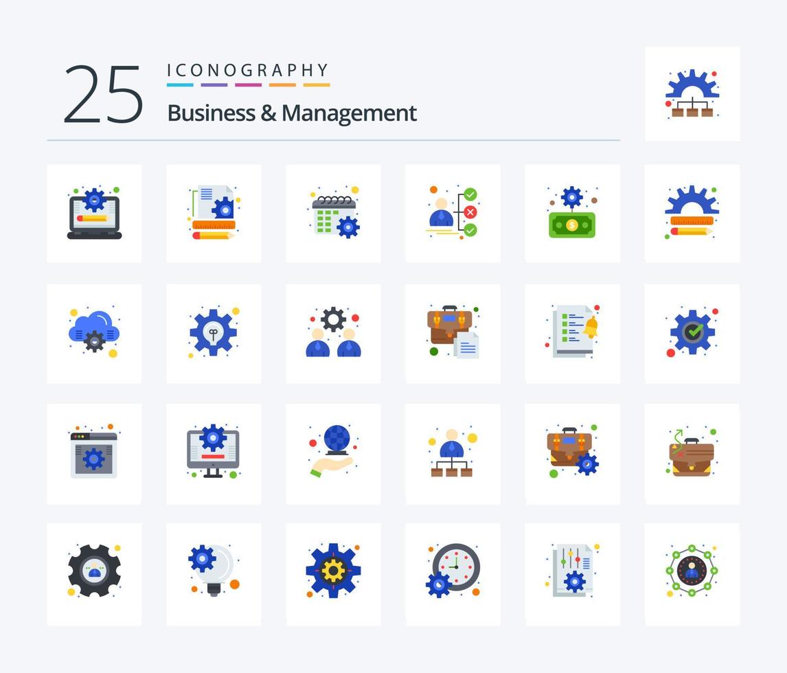 Business And Management 25 Flat Color icon pack including finance. business. gear. candidate. career vector