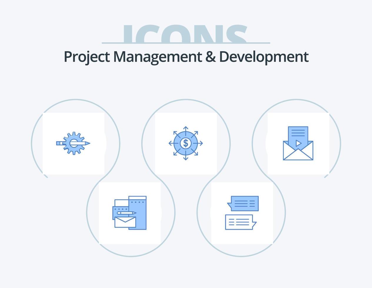 gestión y desarrollo de proyectos paquete de iconos azules 5 diseño de iconos. lista. presupuesto. conversaciones producción. desarrollo vector