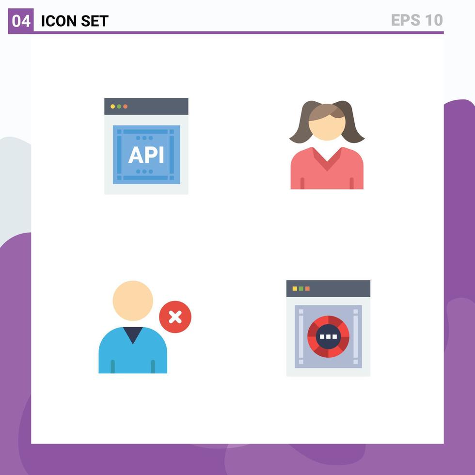 Set of 4 Vector Flat Icons on Grid for api user software woman internet Editable Vector Design Elements