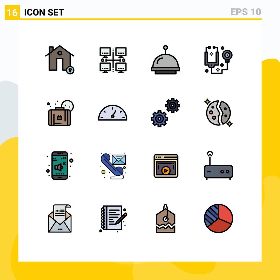 Group of 16 Flat Color Filled Lines Signs and Symbols for summer tools network stethoscope doctor Editable Creative Vector Design Elements