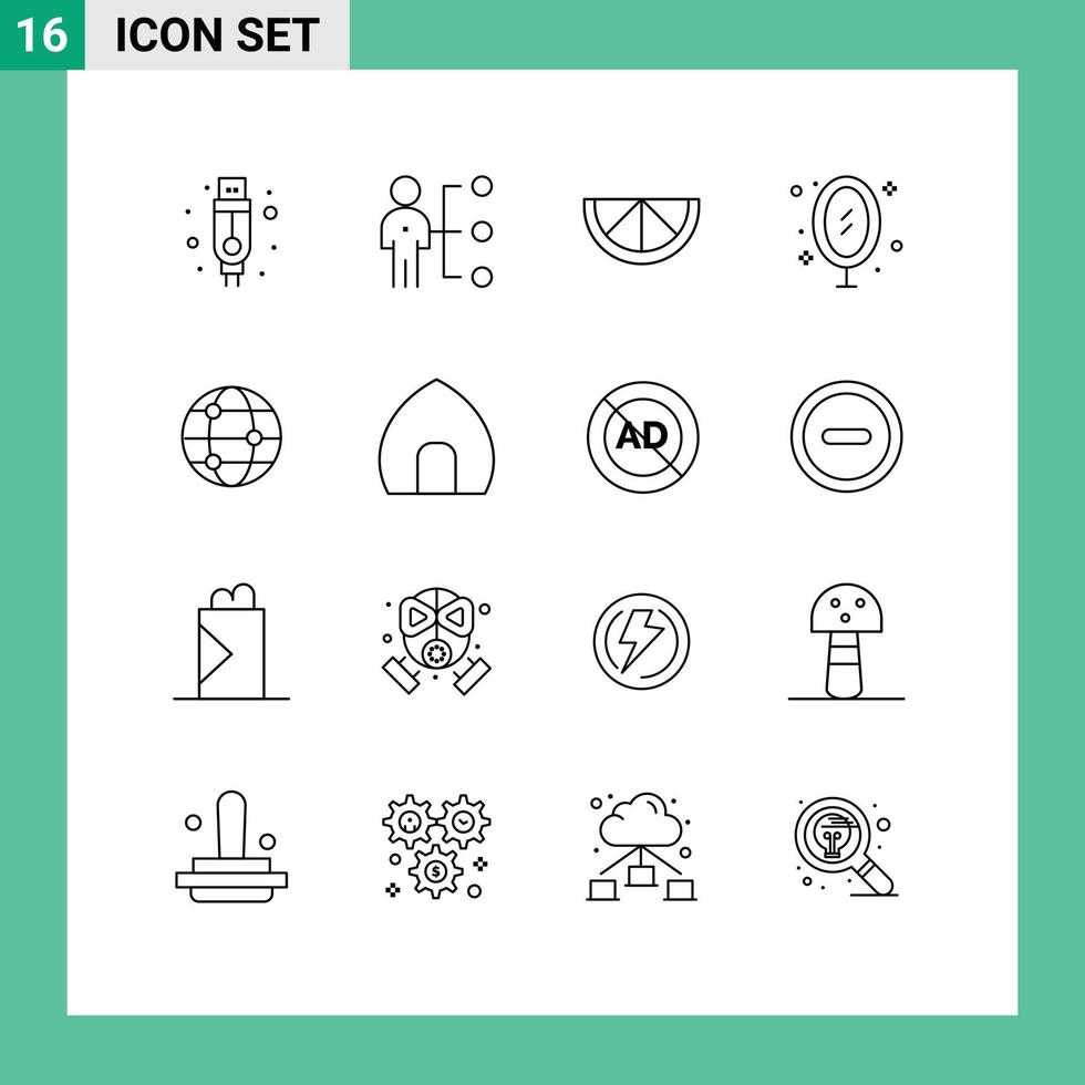 Group of 16 Outlines Signs and Symbols for world globe lemon reflection mirror Editable Vector Design Elements