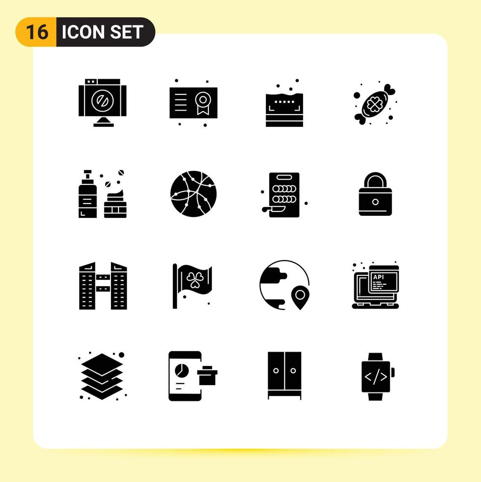 Modern Set of 16 Solid Glyphs Pictograph of foam festival diploma day candy Editable Vector Design Elements
