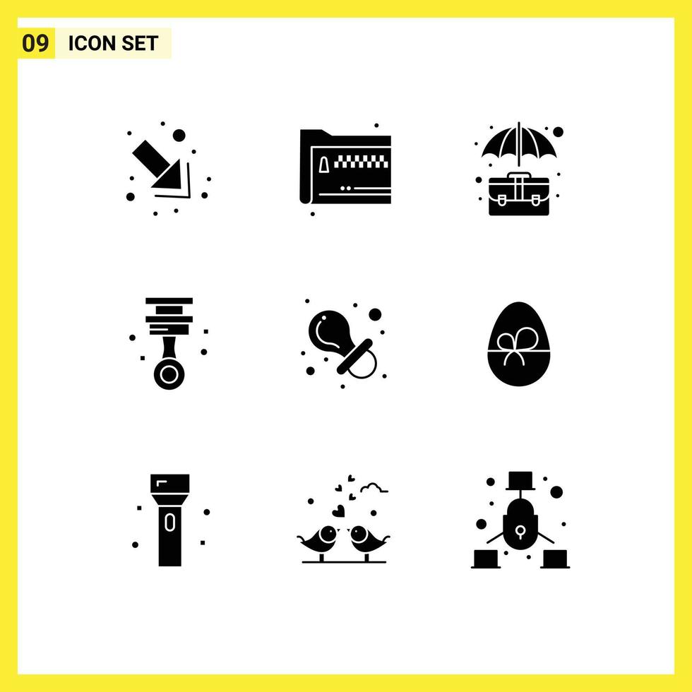 Universal Icon Symbols Group of 9 Modern Solid Glyphs of toy piston bag garage office Editable Vector Design Elements