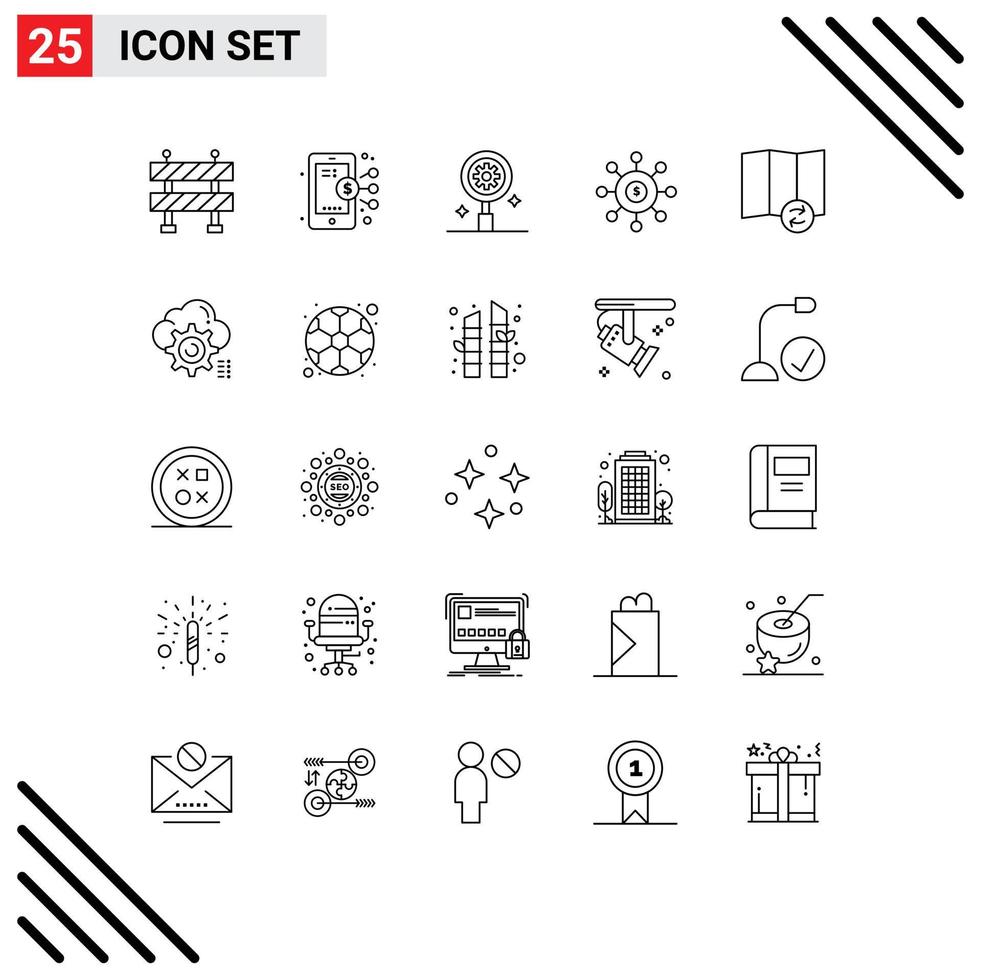 25 Universal Line Signs Symbols of synchronize map gear financial connection Editable Vector Design Elements