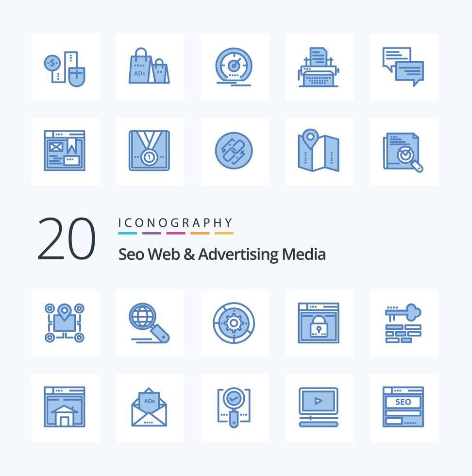 20 Seo Web And Advertising Media Blue Color icon Pack like web login search process setup vector