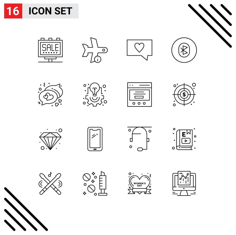 Set of 16 Commercial Outlines pack for chat system transportation multimedia bluetooth Editable Vector Design Elements