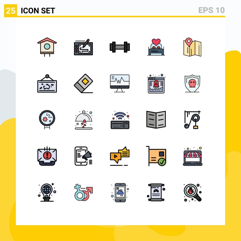 paquete de 25 modernos signos y símbolos de colores planos de línea rellena para medios de impresión web, como elementos de diseño de vectores editables de la cama de los amantes del gimnasio de la habitación