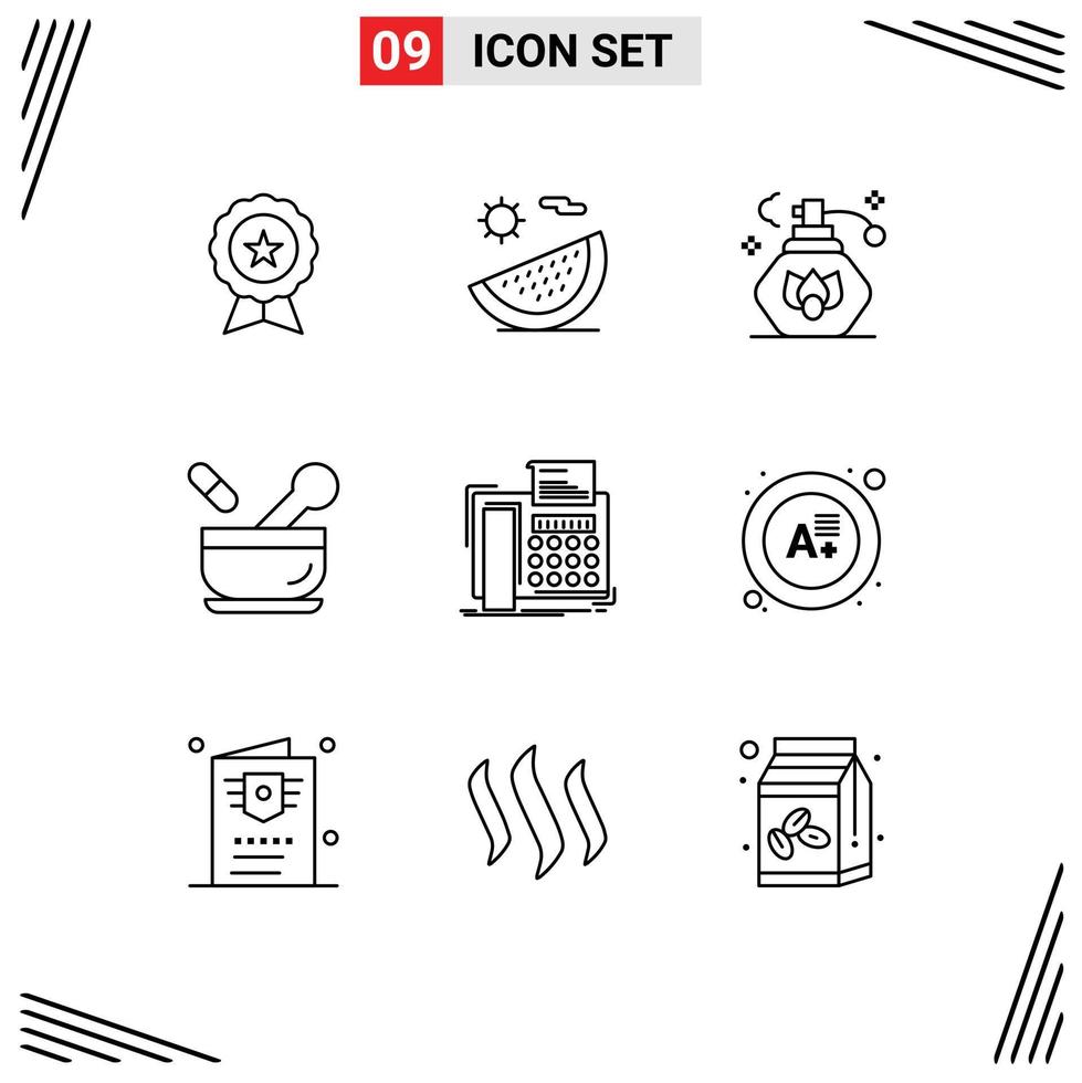 Pictogram Set of 9 Simple Outlines of fax medicine summer medical clean Editable Vector Design Elements