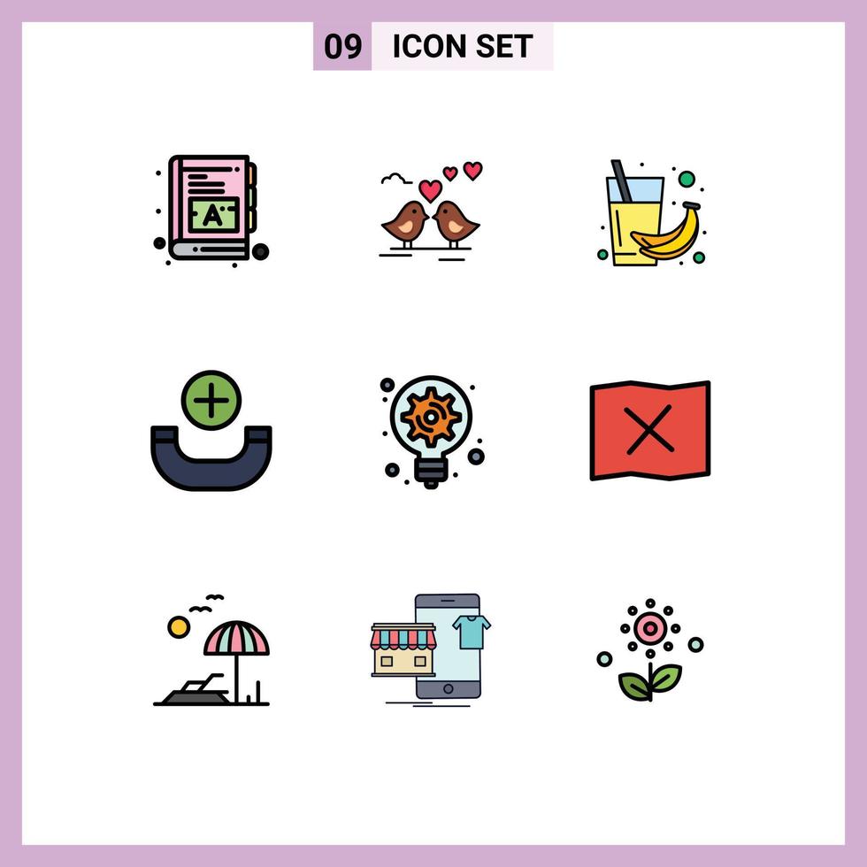 Pack of 9 Modern Filledline Flat Colors Signs and Symbols for Web Print Media such as idea phone banana new juice Editable Vector Design Elements