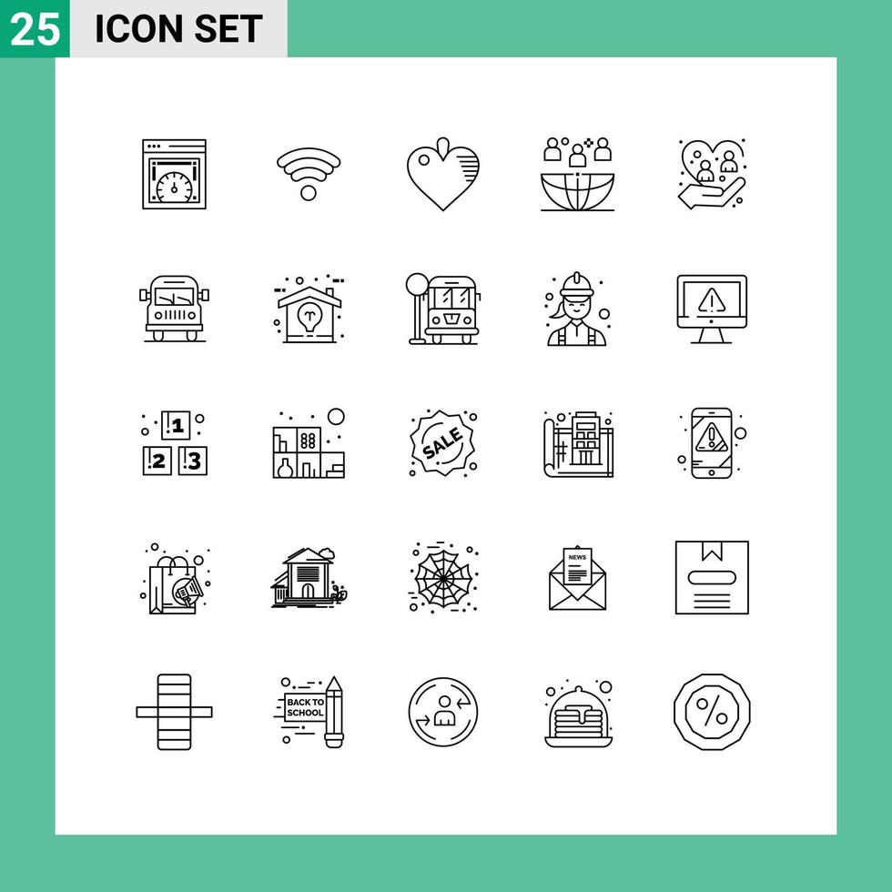 User Interface Pack of 25 Basic Lines of human care heart outsourcing international Editable Vector Design Elements