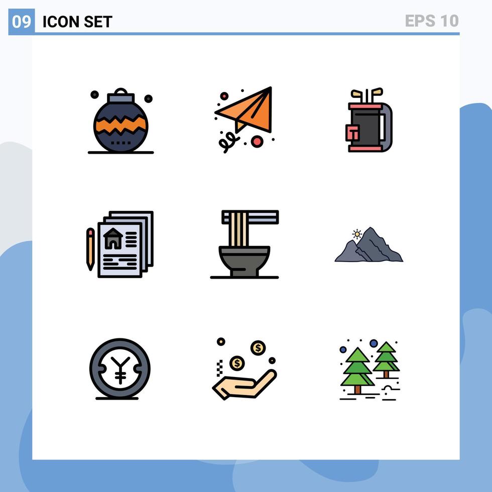 grupo de 9 signos y símbolos de colores planos de línea rellena para elementos de diseño de vectores editables de palo de documento de bolsa casera china