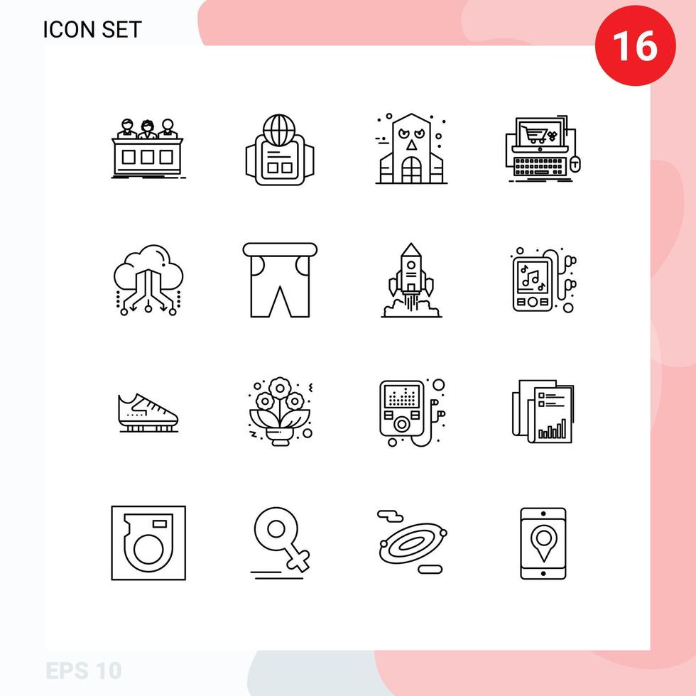 Mobile Interface Outline Set of 16 Pictograms of link game halloween store online Editable Vector Design Elements