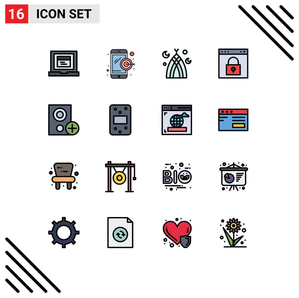 grupo de símbolos de iconos universales de 16 líneas llenas de colores planos modernos de computadoras gadget bloqueo de contraseña de mezquita elementos de diseño de vectores creativos editables