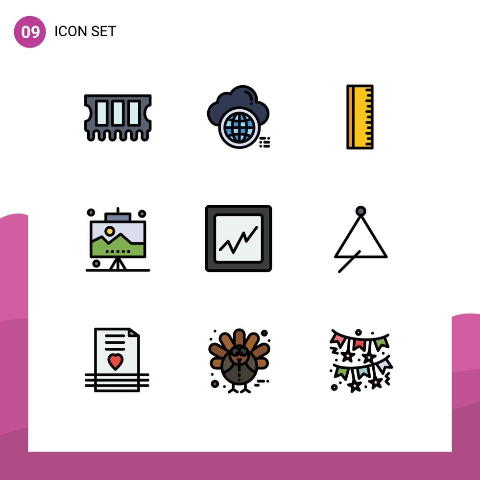 Modern Set of 9 Filledline Flat Colors Pictograph of audio analytics education work office Editable Vector Design Elements