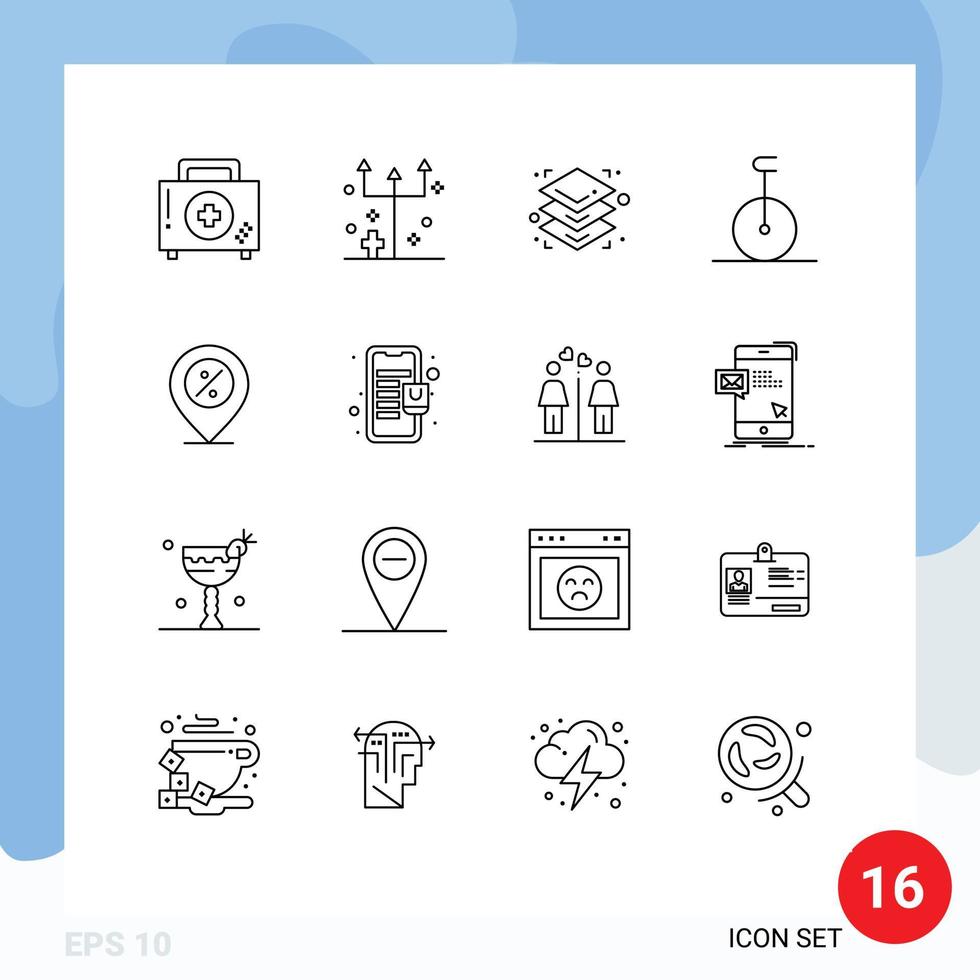 Pictogram Set of 16 Simple Outlines of offer transport horror monocycle printing Editable Vector Design Elements